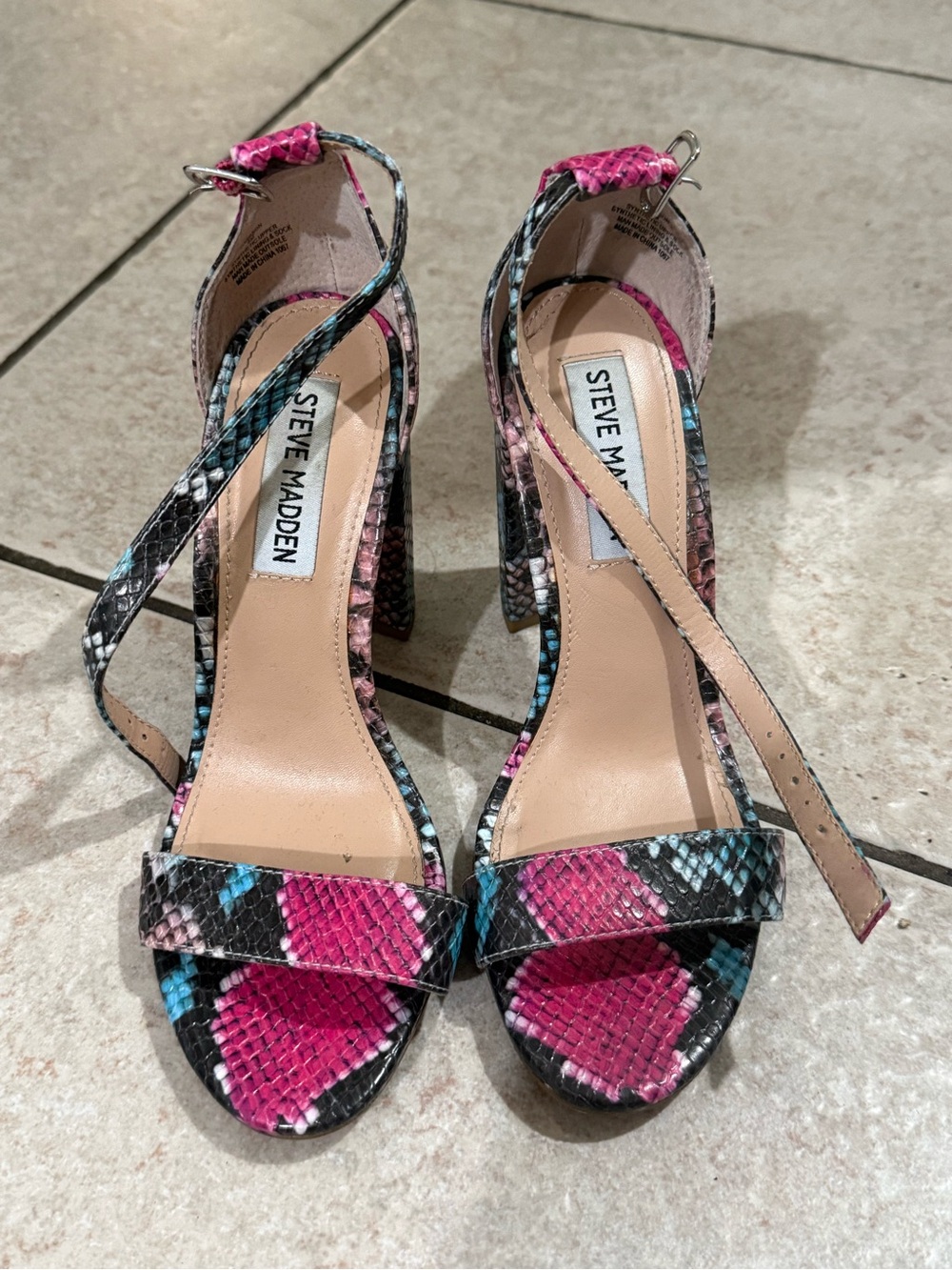 Steve Madden Carrson Snake Print Block Heel Sandals Size 6 Pink Blue Ankle Strap